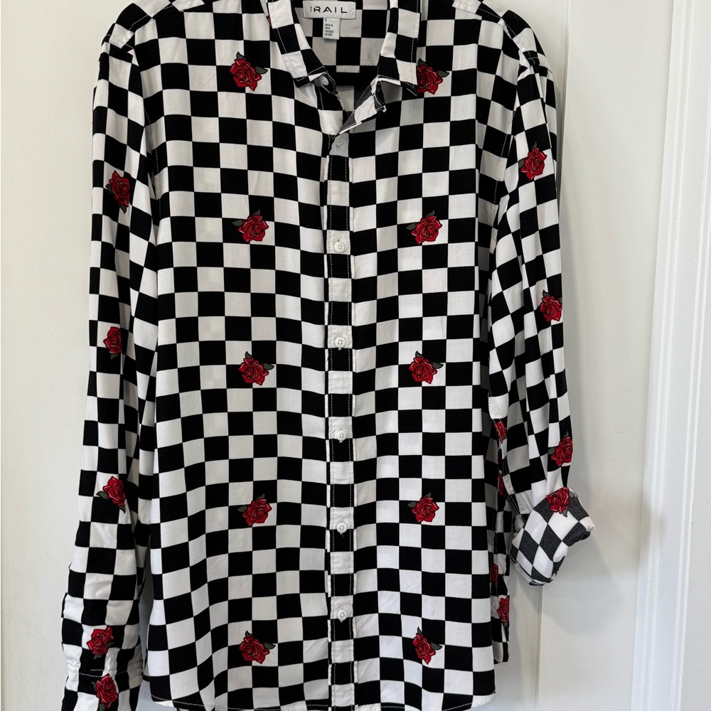 Rail Black and White Checkered Shirt with Red Roses.
